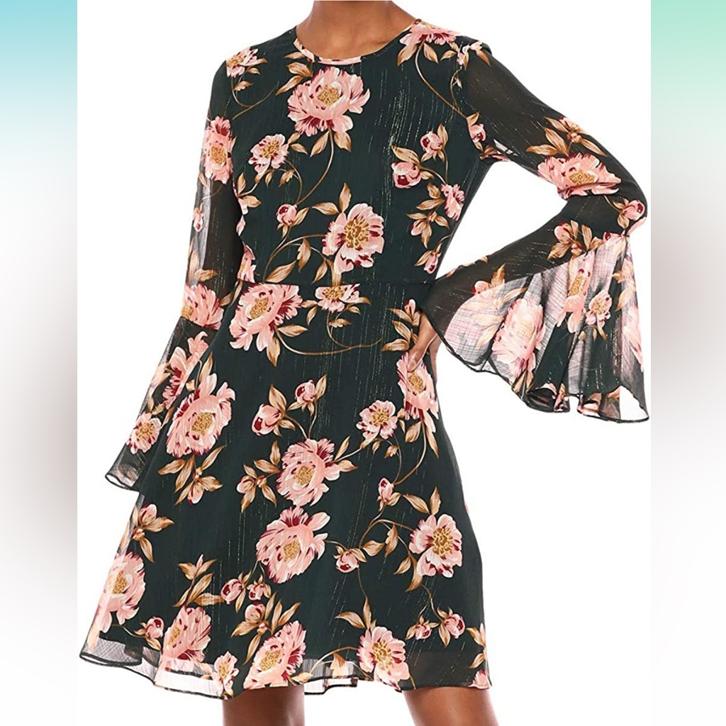 Donna Morgan Women's Floral Fit And Flare Dress With Bell Sleeve